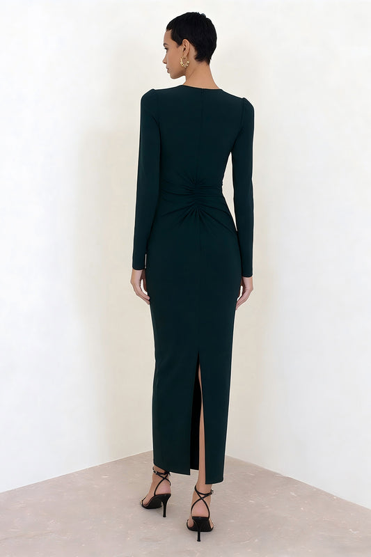 Dark Green Crew Neck Pencil Long Work Dress with Sleeves