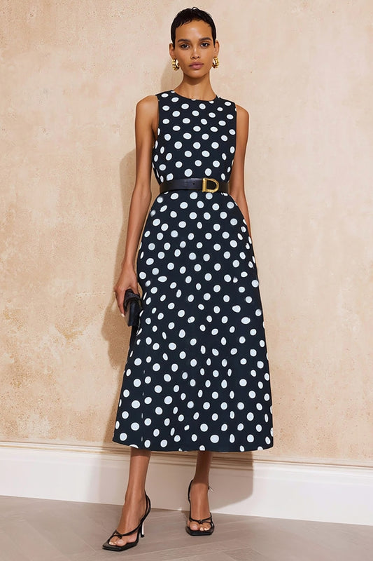 Navy and White Polka Dots Crew Neck Maxi Work Dress with Belt