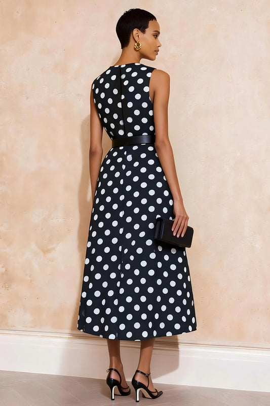 Navy and White Polka Dots Crew Neck Maxi Work Dress with Belt