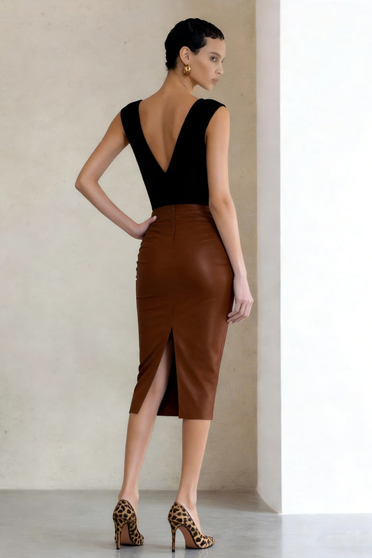 Black and Brown V-Neck Pencil Midi Work Dress with Slit