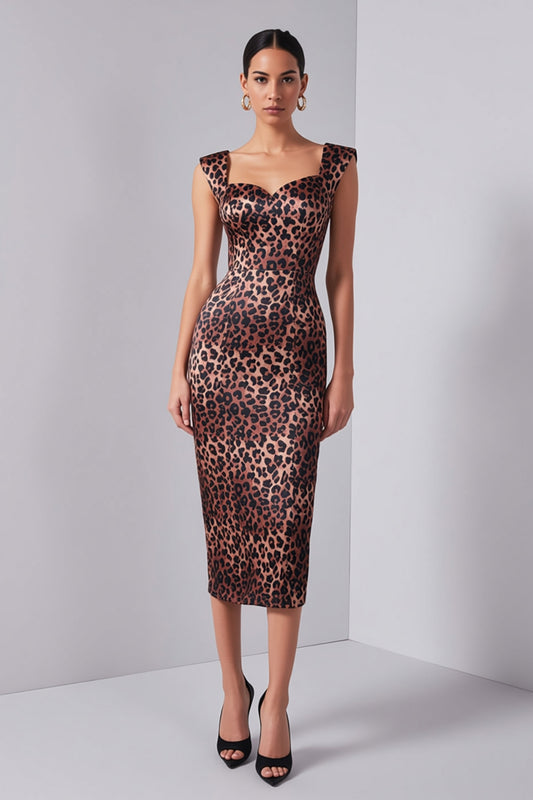 Brown Leopard Print Pencil Midi Work Dress with Slit