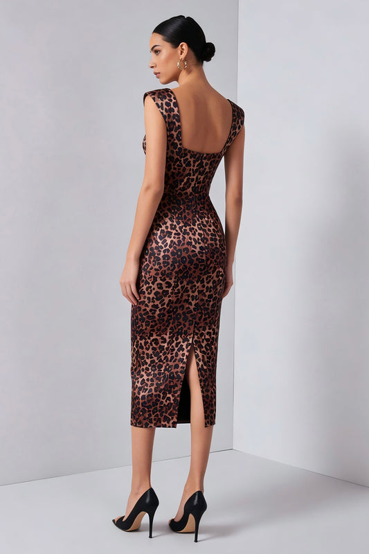 Brown Leopard Print Pencil Midi Work Dress with Slit