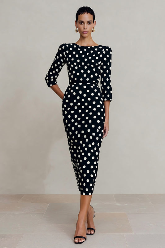 Black and White Polka Dots Bateau Neck 3/4 Sleeves Work Dress