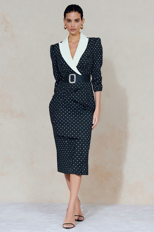 Navy and White Dots Peak Lapel Midi Blazer Dress with Slit