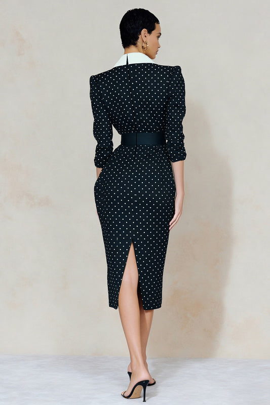 Navy and White Dots Peak Lapel Midi Blazer Dress with Slit