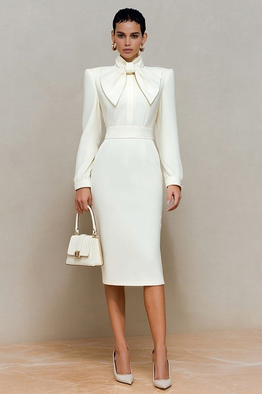 Ivory High Neck Pencil Long Sleeves Work Dress with Bow