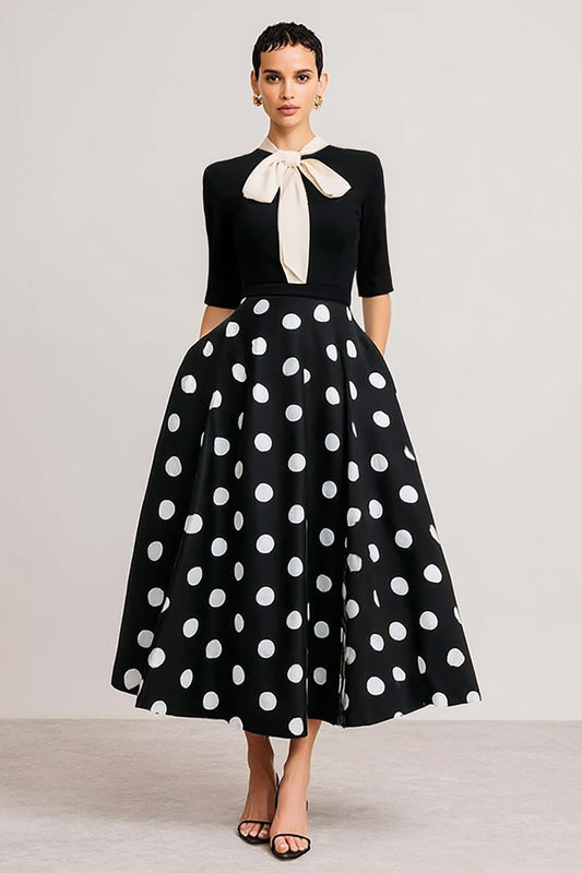 Black and White Polka Dots Short Sleeves A Line Work Dress with Bow