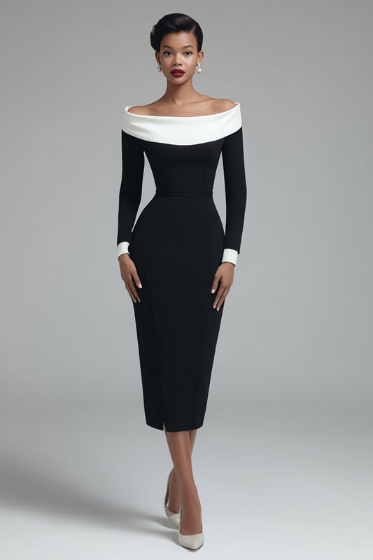 Black Pencil Off the Shoulder Midi Work Dress with Slit