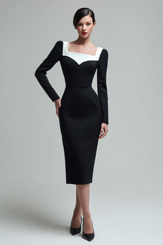 Black Pencil Square Neck Long Sleeves Midi Work Dress with Slit