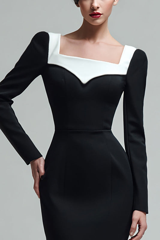 Black Pencil Square Neck Long Sleeves Midi Work Dress with Slit