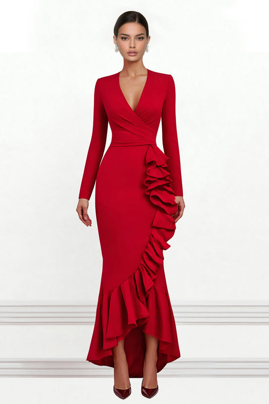 Red Mermaid Ruffled Asymmetrical Formal Dress with Sleeves