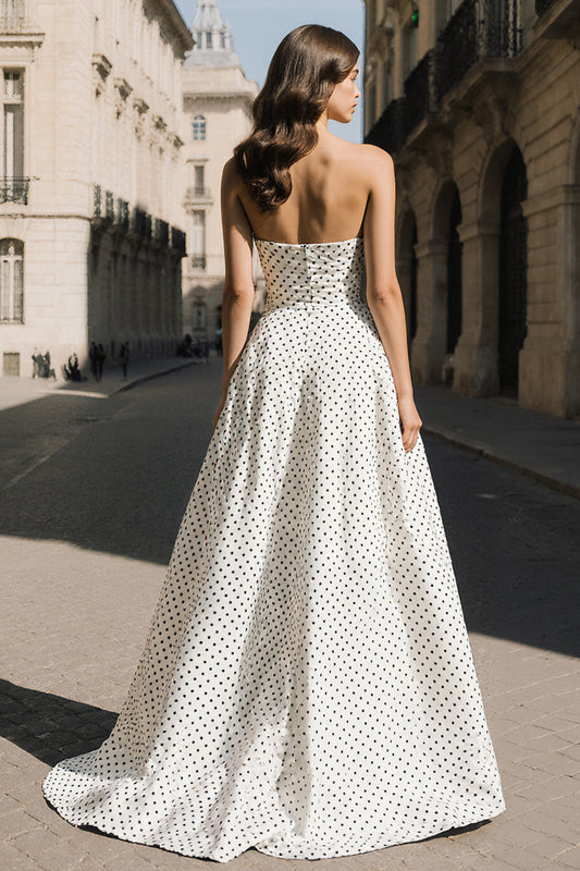 Black and White Dots A Line Strapless Long Prom Dress