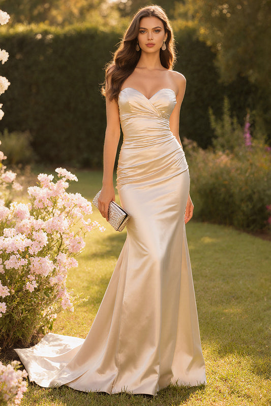 Champagne Satin Mermaid Sweetheart Long Prom Dress