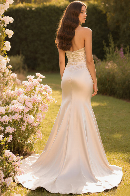 Champagne Satin Mermaid Sweetheart Long Prom Dress