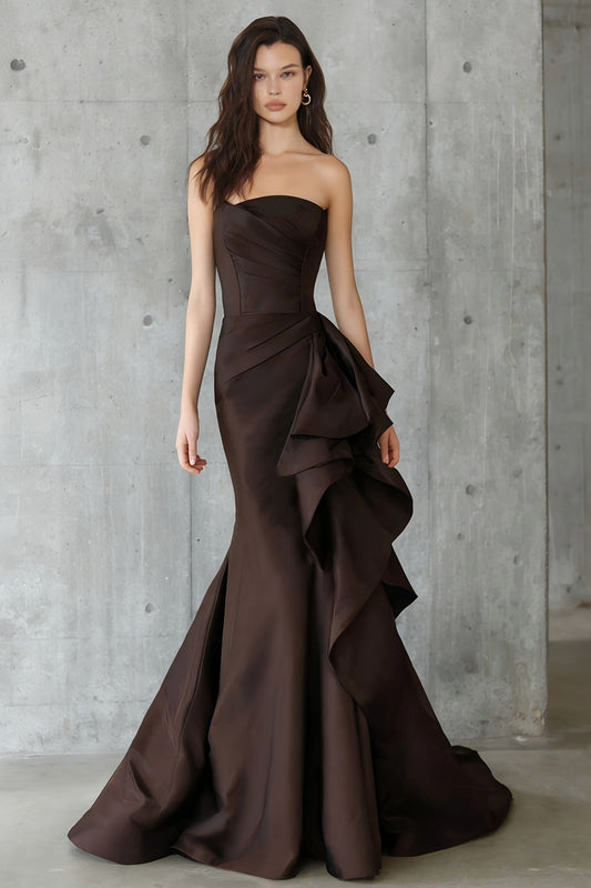 Coffee Mermaid Strapless Long Formal Dress with Ruffles