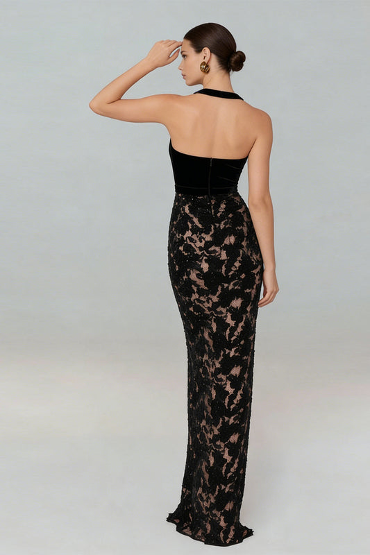 Black Mermaid Lace Halter Neck Long Formal Dress