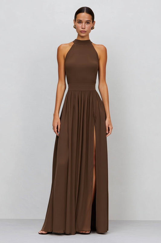 Brown A Line Pleated High Neck Long Formal Dress with Slit