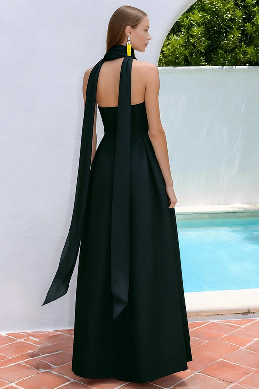 Navy A Line Neck Scarf Strapless Long Formal Dress