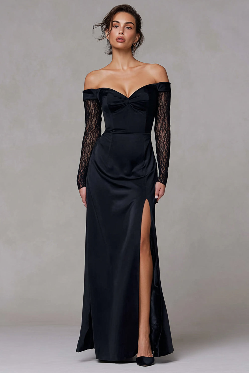 Zapakasa Women Black Sheath Long Formal Dress with Slit Lace Off the