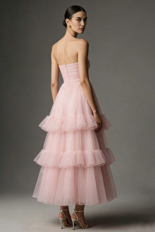 Pink Strapless A Line Tulle Ankle Length Formal Dress with Ruffles
