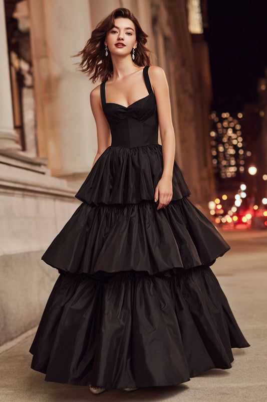 Black Thick Straps A Line Long Formal Dress with Ruffles