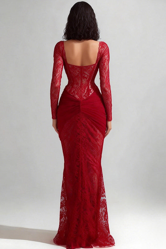 Red Lace Mermaid Sweetheart Long Sleeves Formal Dress
