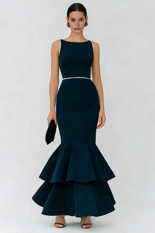 Sparkly Navy Mermaid Ruffled Boat Neck Long Formal Dress with Beading