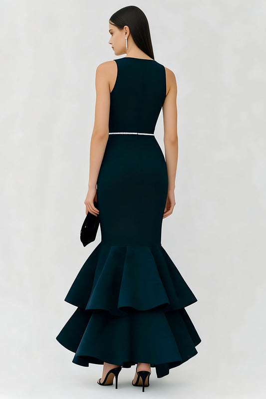 Sparkly Navy Mermaid Ruffled Boat Neck Long Formal Dress with Beading