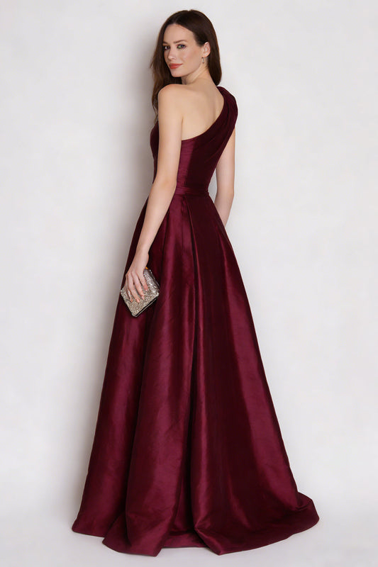Burgundy Satin A Line One Shoulder Long Formal Dress