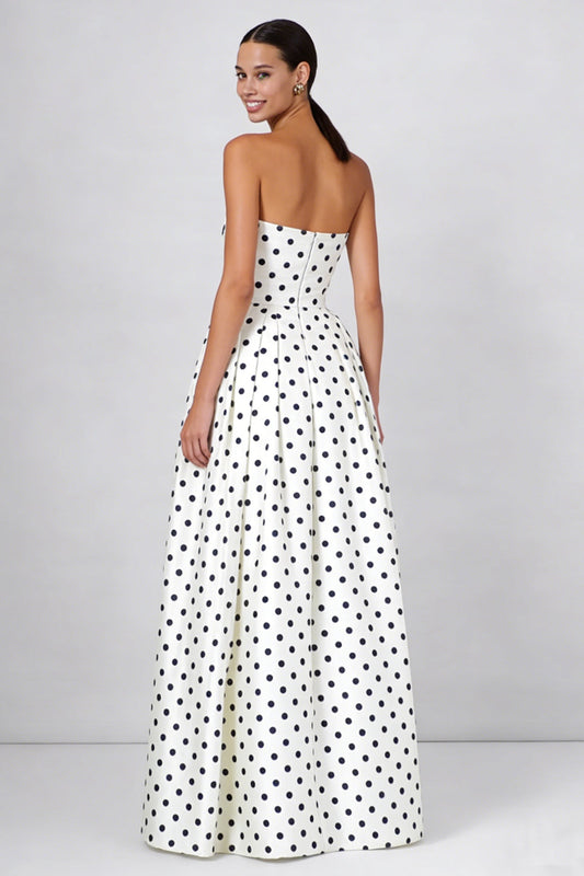 Black and White Polka Dots A Line Strapless Long Formal Dress