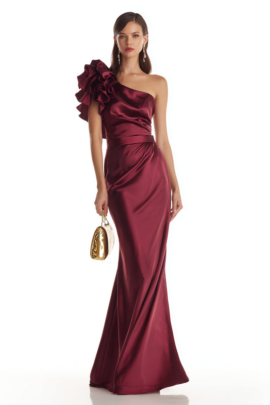 Burgundy Mermaid One Shoulder Long Formal Dress with 3D Flower