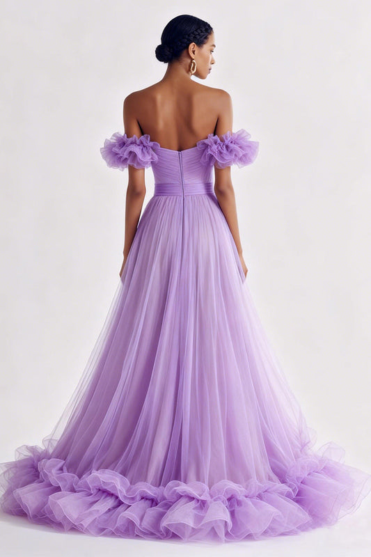 Lilac Off the Shoulder Tulle A Line Long Formal Dress with Ruffles