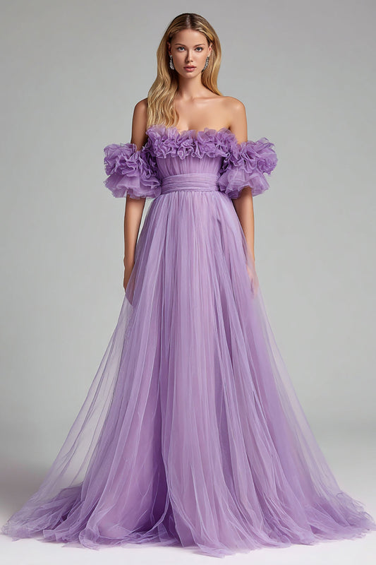 Lilac Ruffled Off the Shoulder A Line Tulle Long Formal Dress
