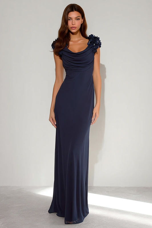 Navy Mermaid Cowl Neck Long Formal Dress with 3D Flowers