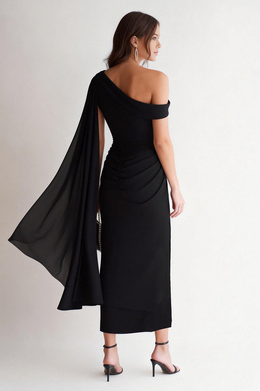 Black Bodycon One Shoulder Midi Formal Dress with Side Cape