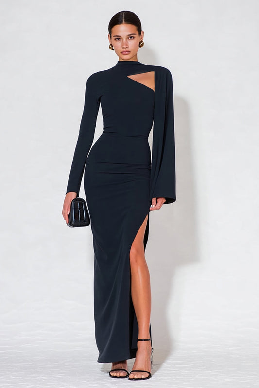Navy Mermaid High Neck Long Sleeves Formal Dress with Slit