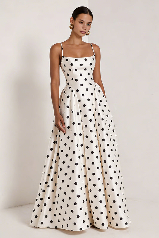 Black and White Polka Dots A Line Satin Spaghetti Straps Long Formal Dress