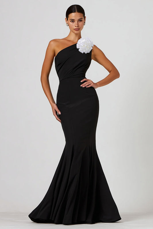 Black Mermaid One Shoulder Long Formal Dress with 3D Flower
