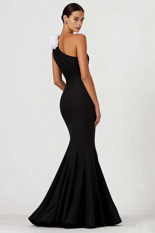 Black Mermaid One Shoulder Long Formal Dress with 3D Flower