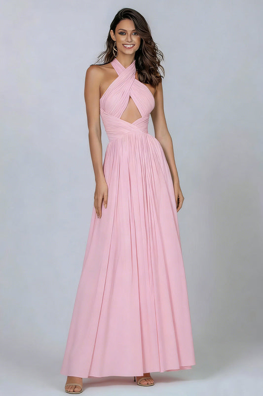 Pink Pleated Halter Neck A Line Long Formal Dress with Keyhole