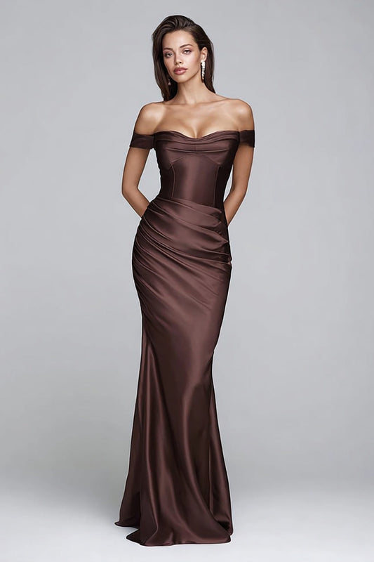Coffee Mermaid Off the Shoulder Ruched Long Formal Dress