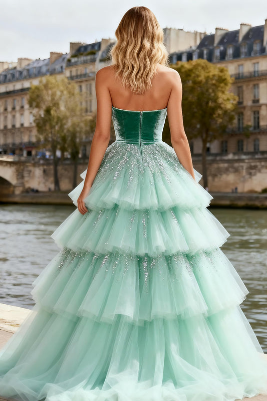 Sparkly Mint Green Velvet Tulle Long Prom Dress with Ruffles