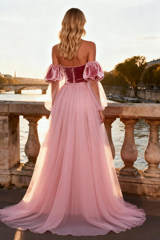 Sparkly Pink Sequin Velvet Long Prom Dress with Cape