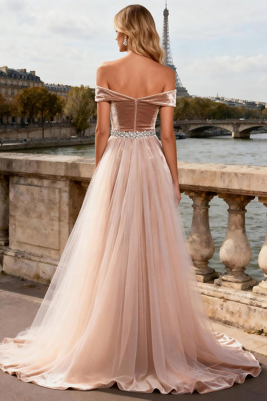 Sparkly Champagne Beaded Velvet Long Corset Prom Dress with Cape