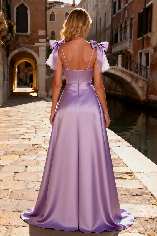 Sparkly Light Purple Beaded Satin High-Low Prom Dress with Bows