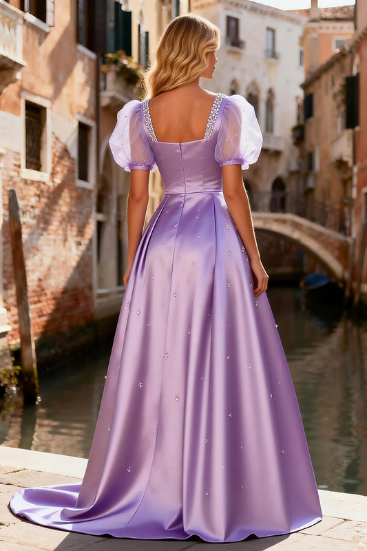 Sparkly Light Purple A Line Beaded Satin Long Prom Dress with Sleeves