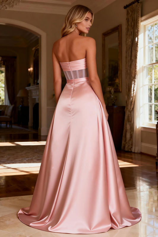 Sparkly Pink Beaded Sweetheart Satin Long Corset Prom Dress