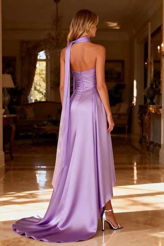 Sparkly Light Purple Beaded Neck Scarf A Line Satin Long Prom Dress