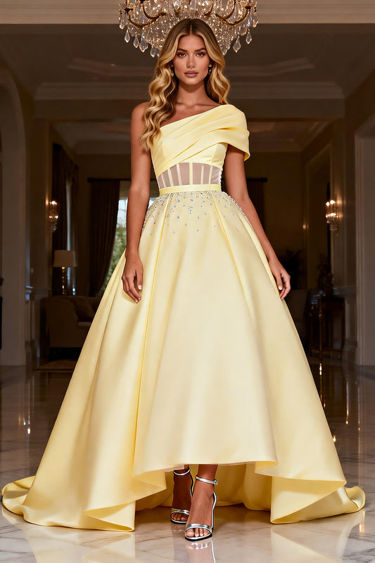 Sparkly Light Yellow Satin Long Corset Prom Dress with Beading