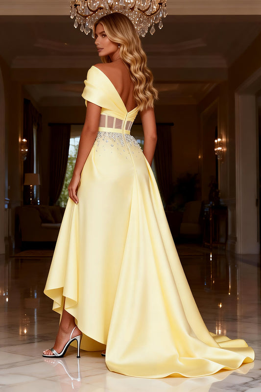 Sparkly Light Yellow Satin Long Corset Prom Dress with Beading